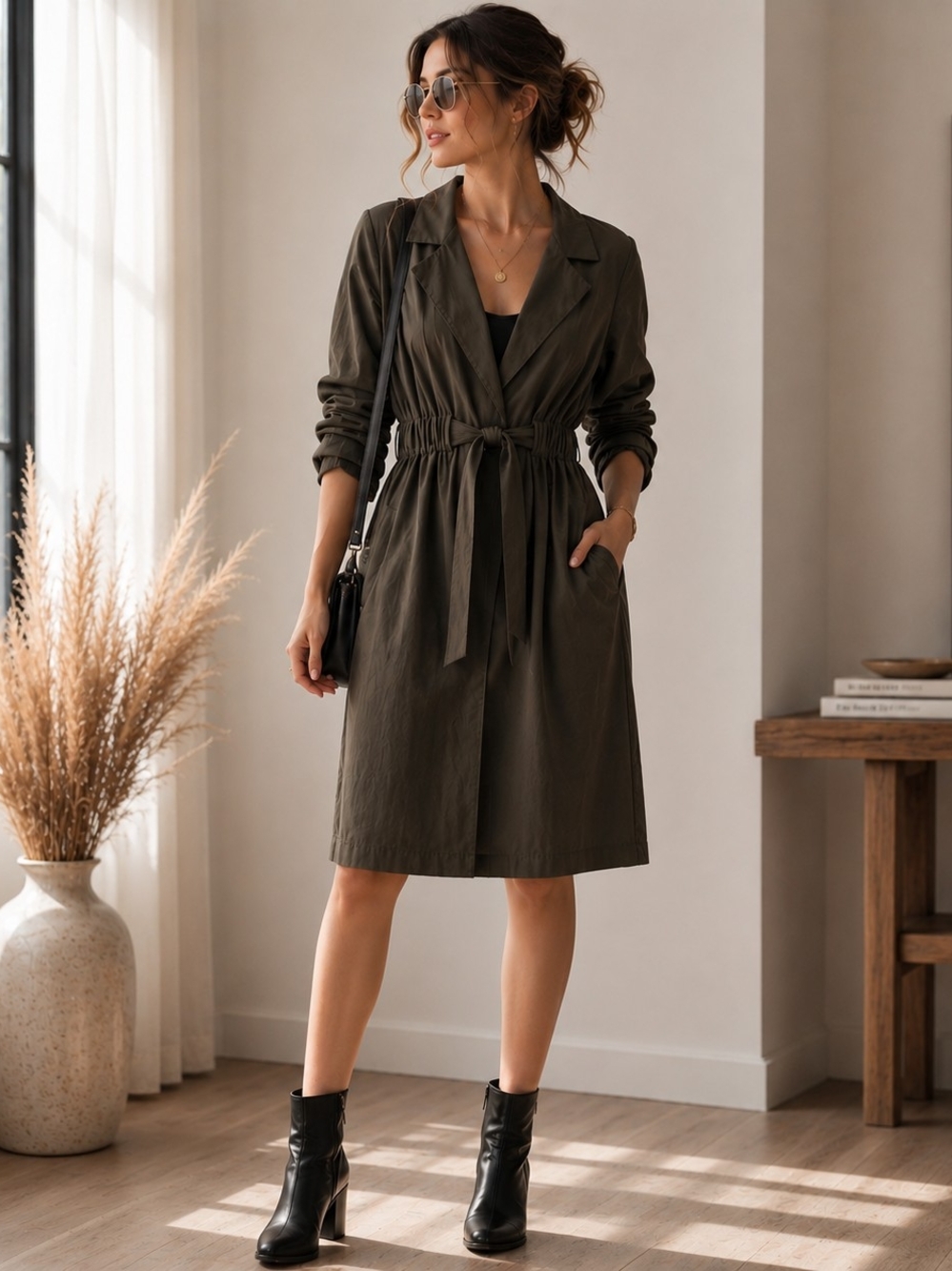 ASTR the Label Olive Green Drawstring Trench Dress SzM NWOT